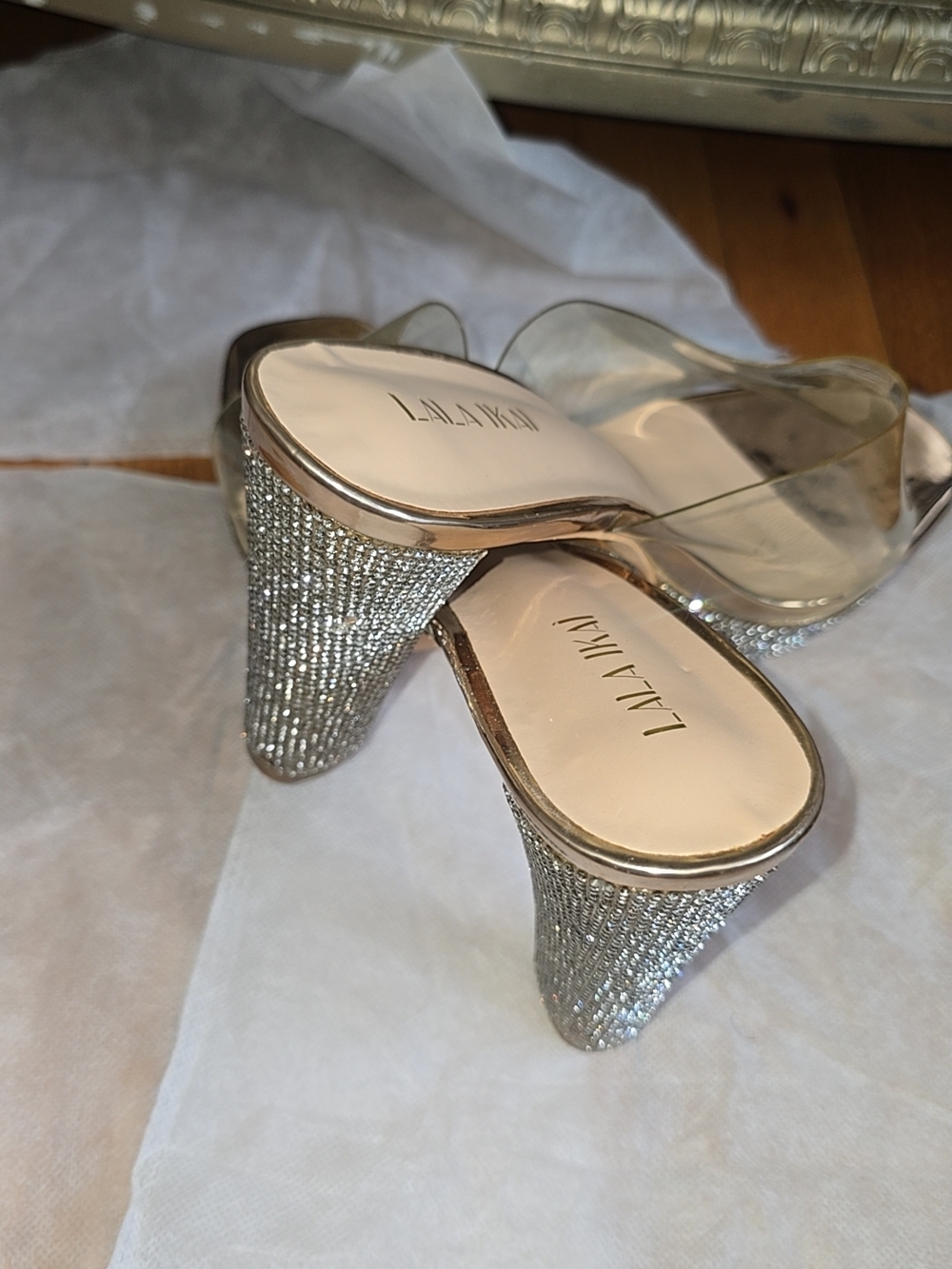 Silver Glitter Clear Strap Block Heel Sandals
